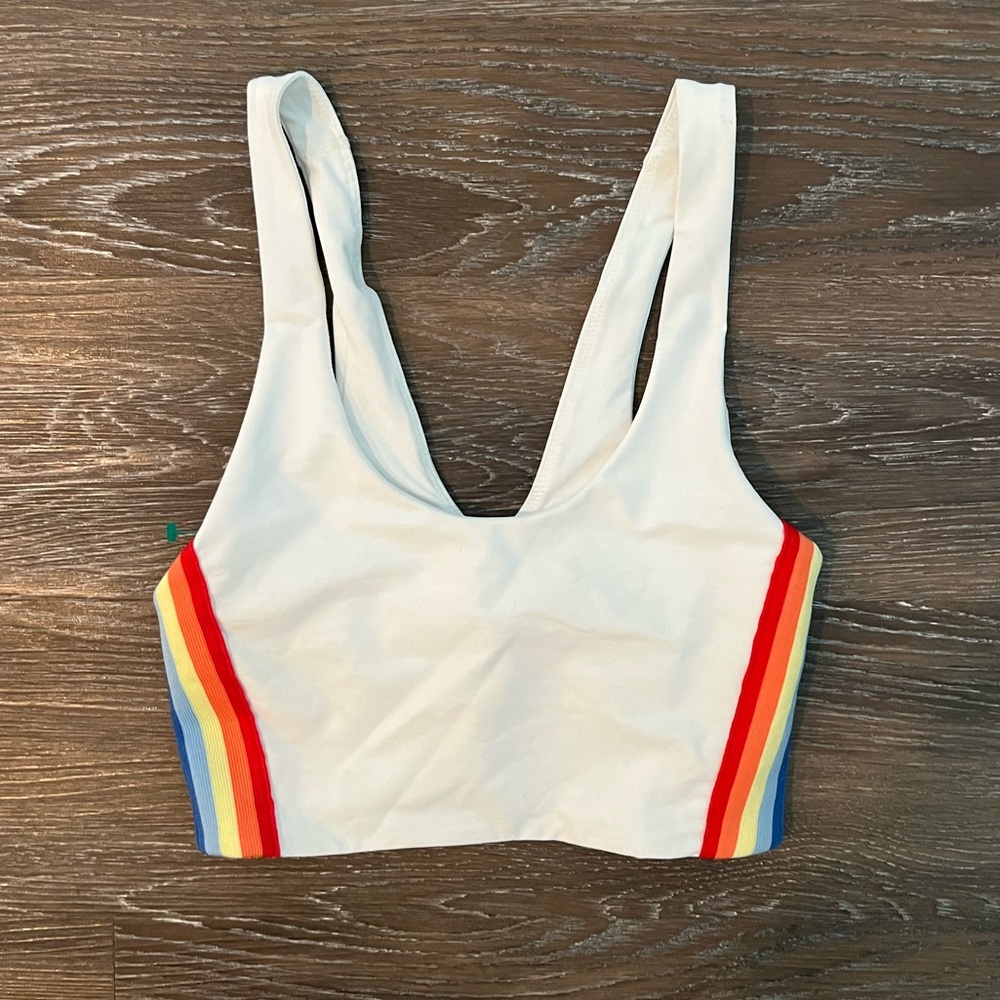 Spiritual Gangster White Rainbow Stripe Sports Bra